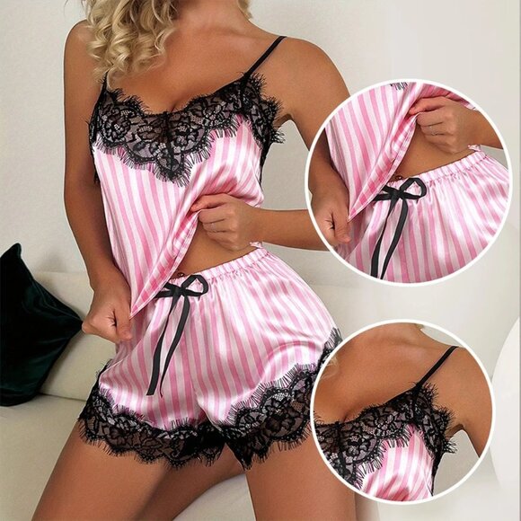 NIP - 2Pc Sexy Camisole Pink & White Stripe with Lace Edge V-Neck Pajama Set - L - Picture 4 of 6